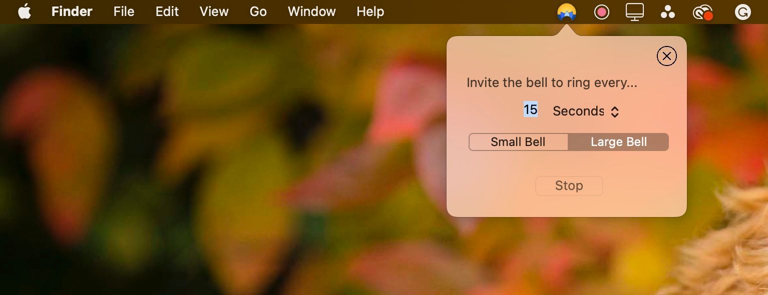 اسکرین شات از Mindfulness Bell Menu Bar tool Mac