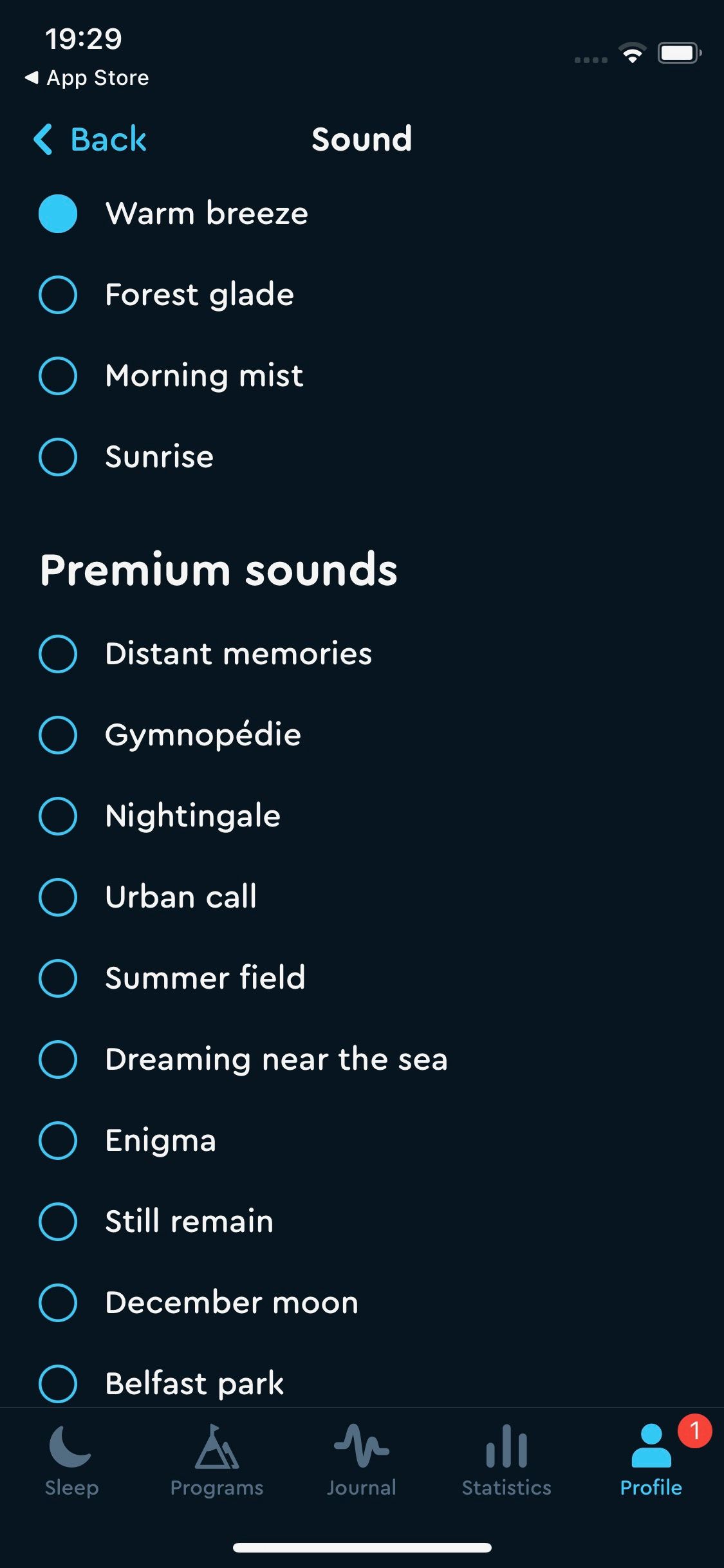Screenshot of Sleep Cycle app showing sound options