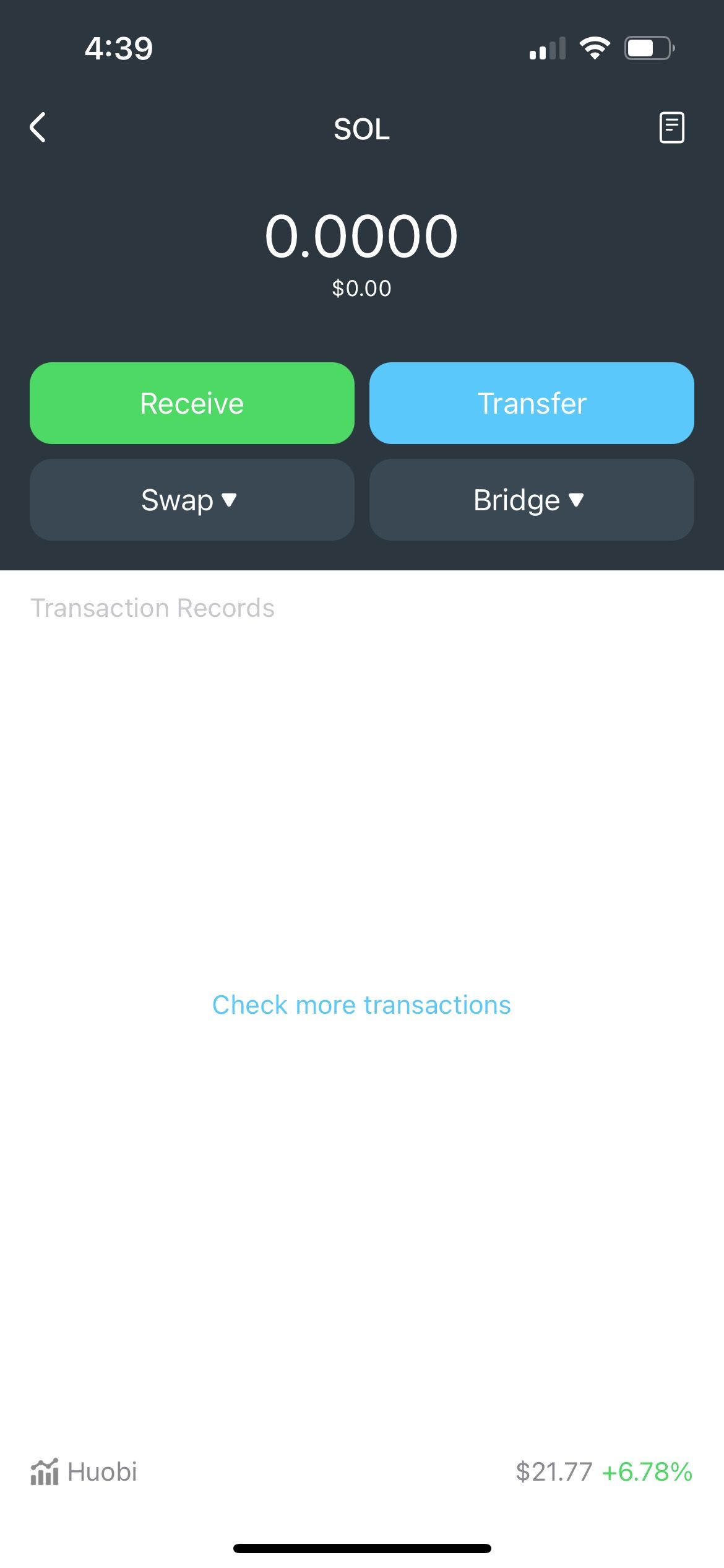 Screenshot of SOL view in Coinbase Wallet for iOS