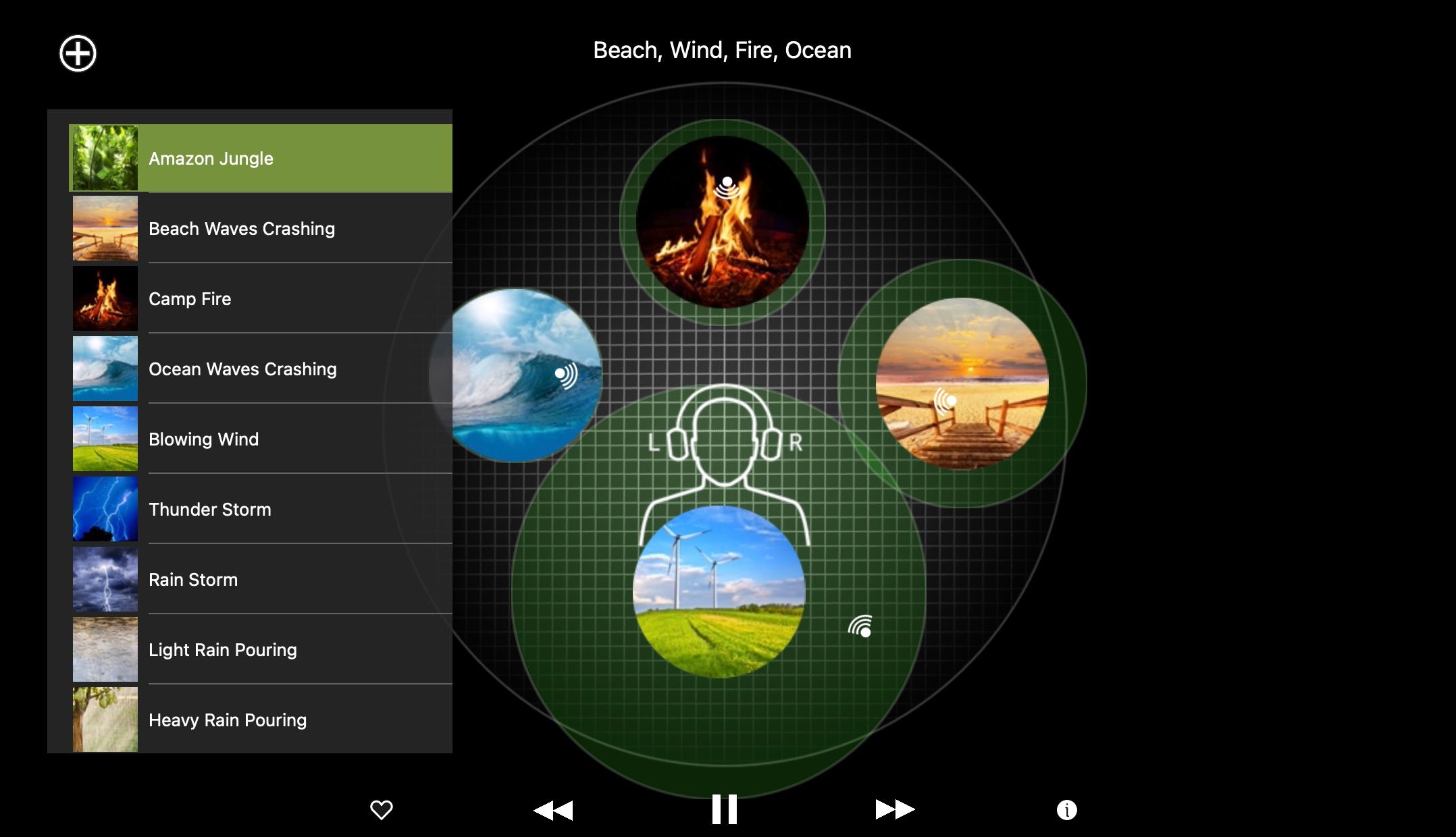 Screenshot of White Noise Lite Mac app play screen with menu