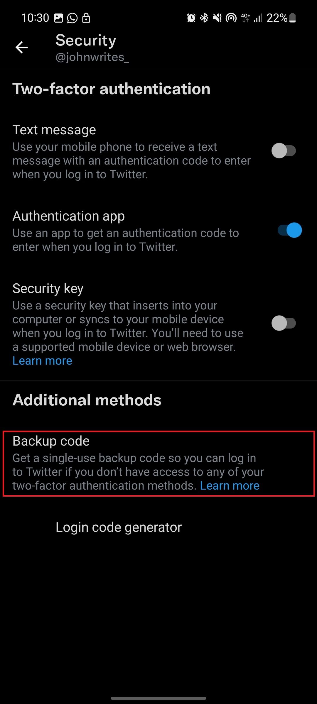 screenshot showing backup 2fa options