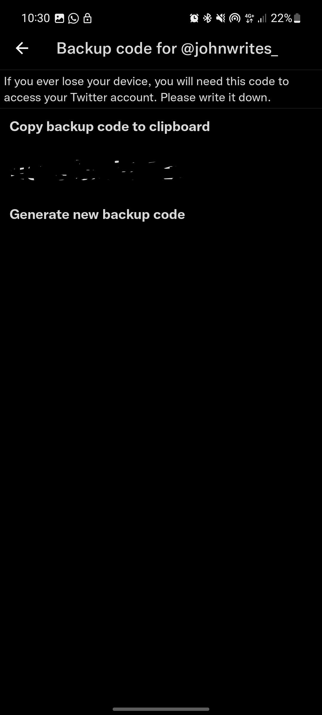 screenshot showing backup code page