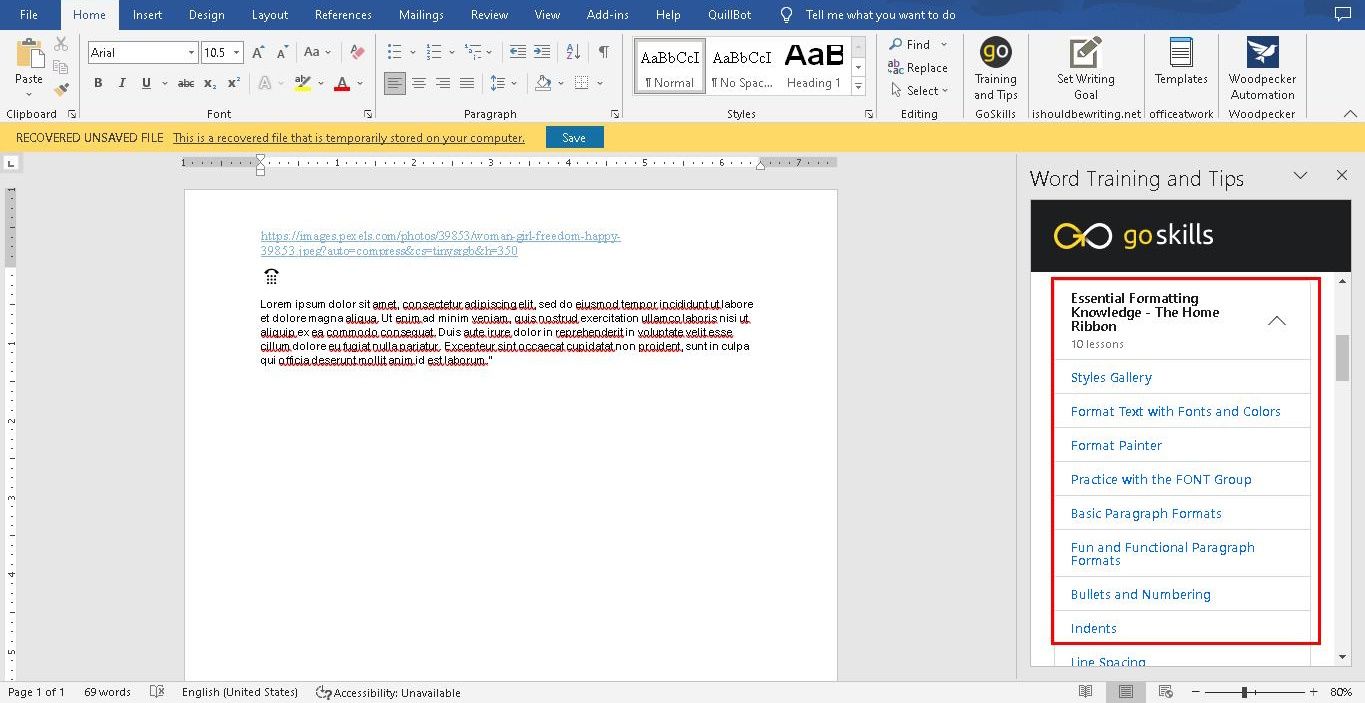Screenshot showing how Word training and tips works on word.
