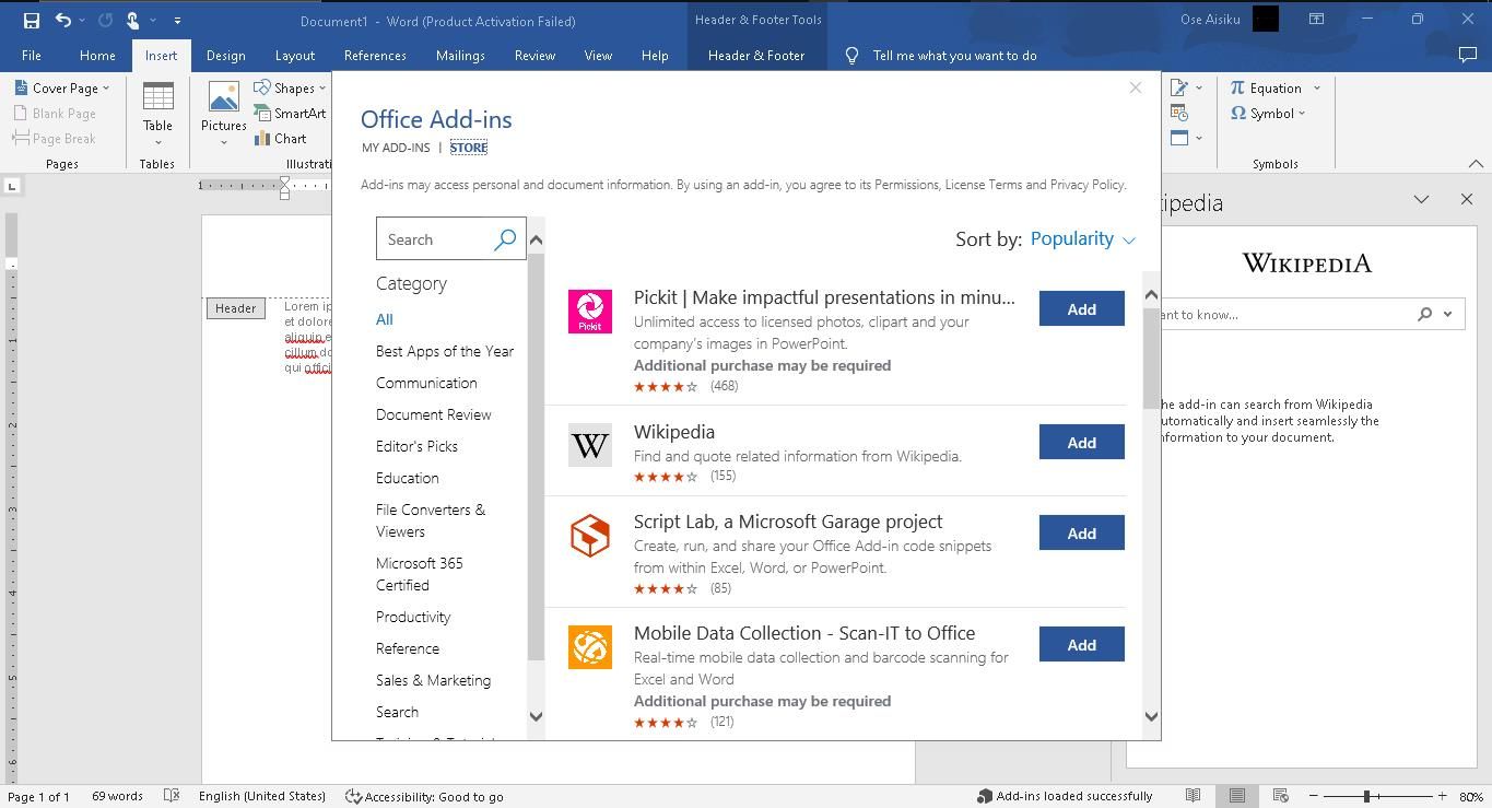 Screenshot showing Microsoft Ofiice Add-in Store