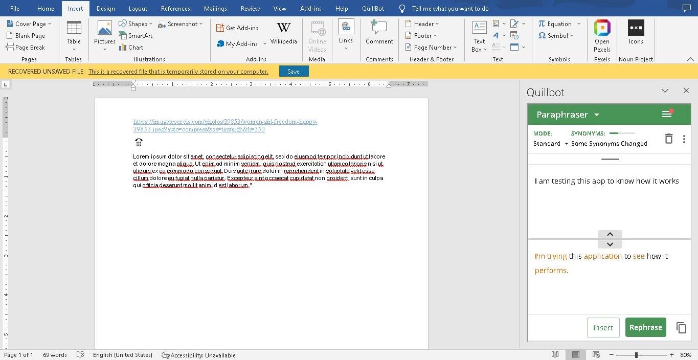 Screenshot showing Quillbot functionality on Word