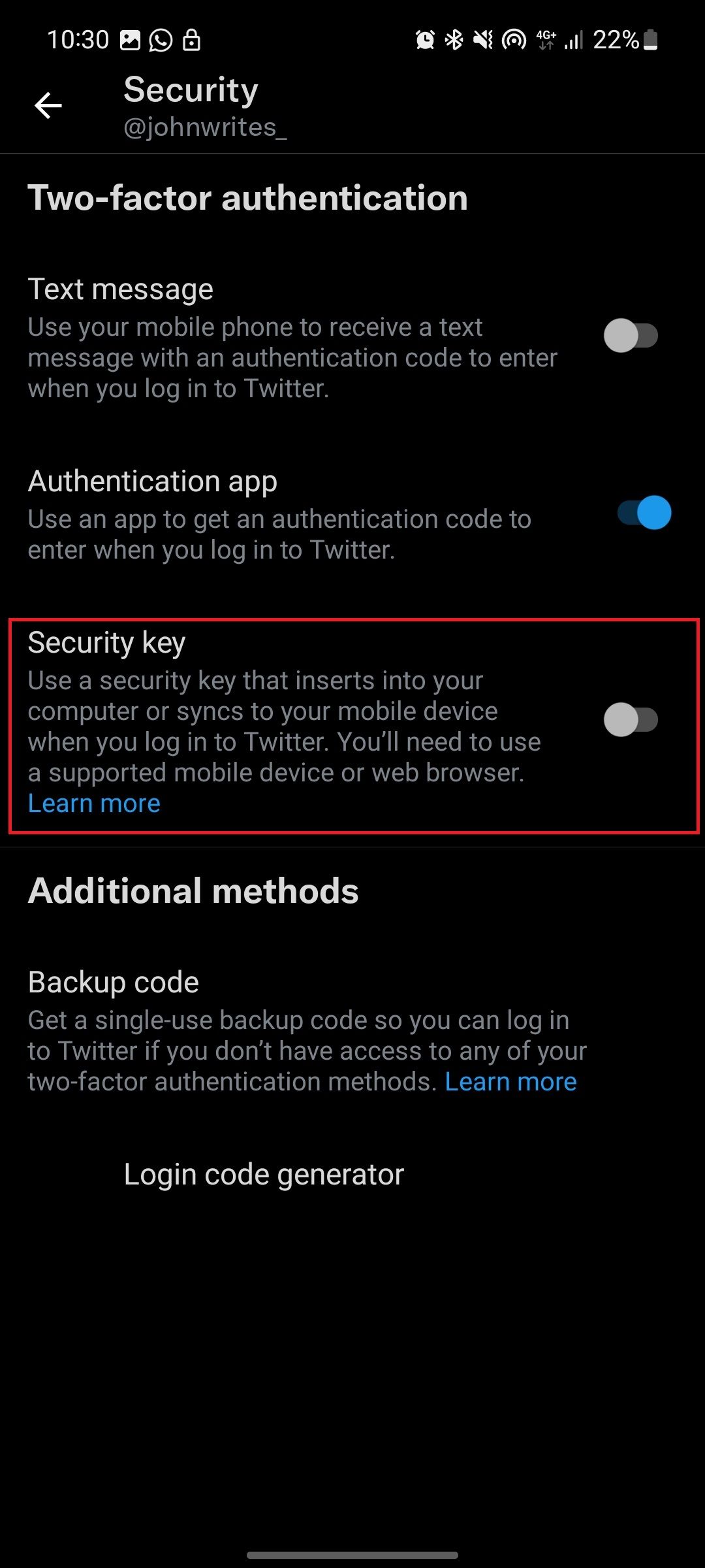 screenshot showing settings page on twitter with security key highlighted