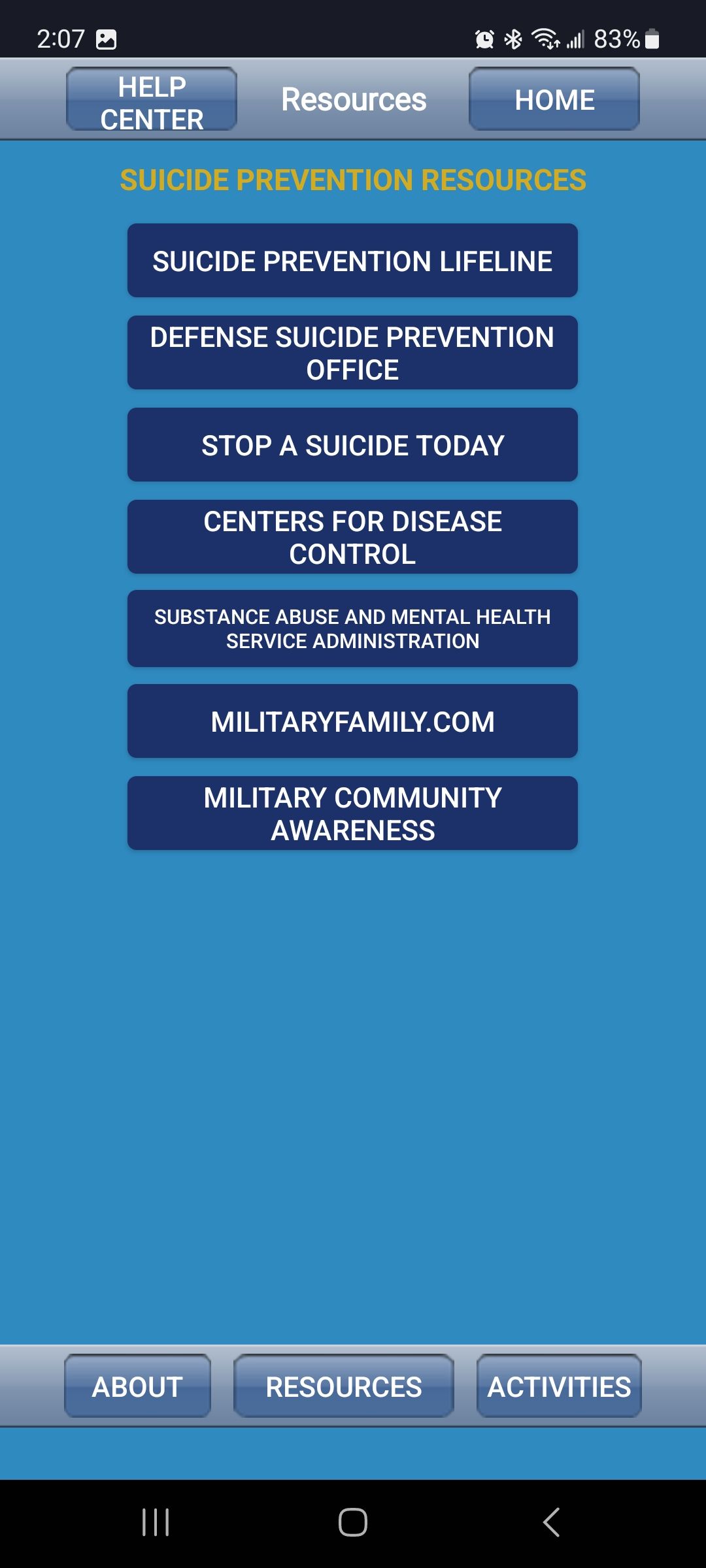 Screenshot of Op Reach Out app Resources page