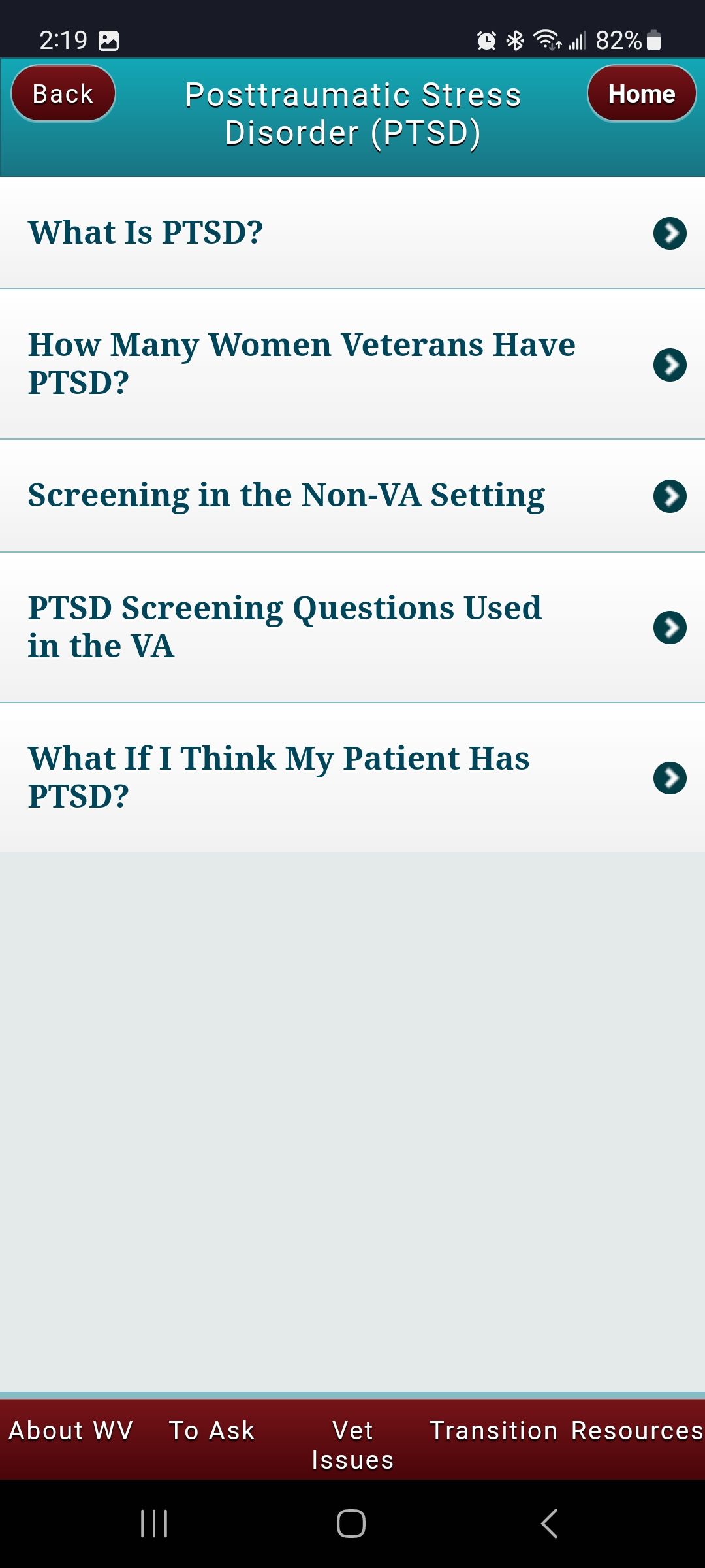 Screenshot of PTSD page