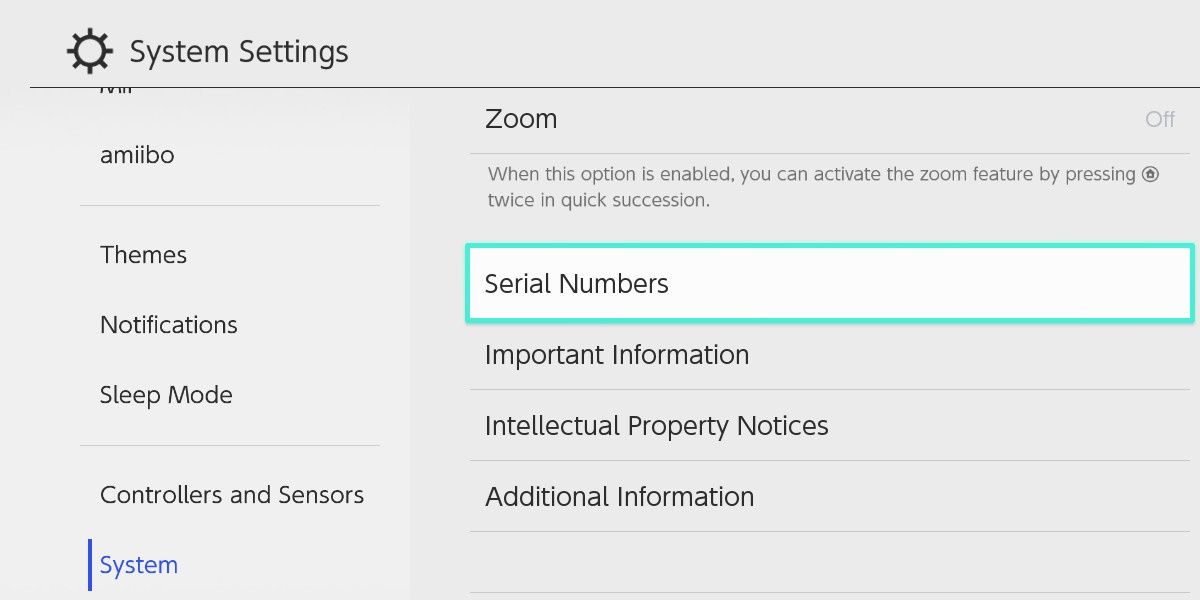 screenshot of the Switch system settings menu showing serial numbers