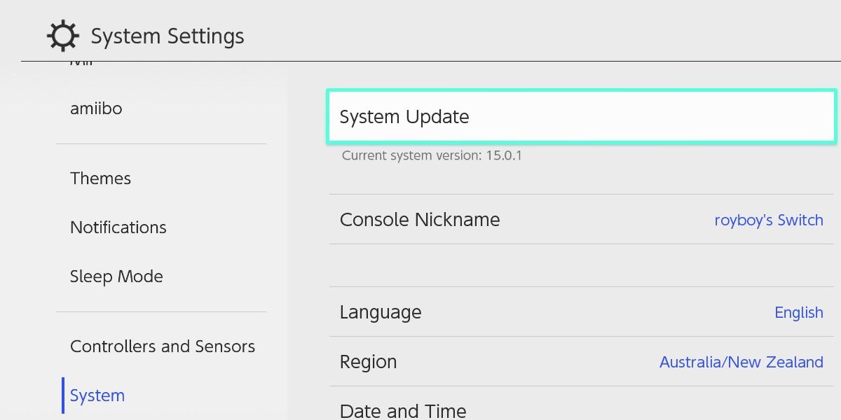 screenshot of Switch settings showing the system update