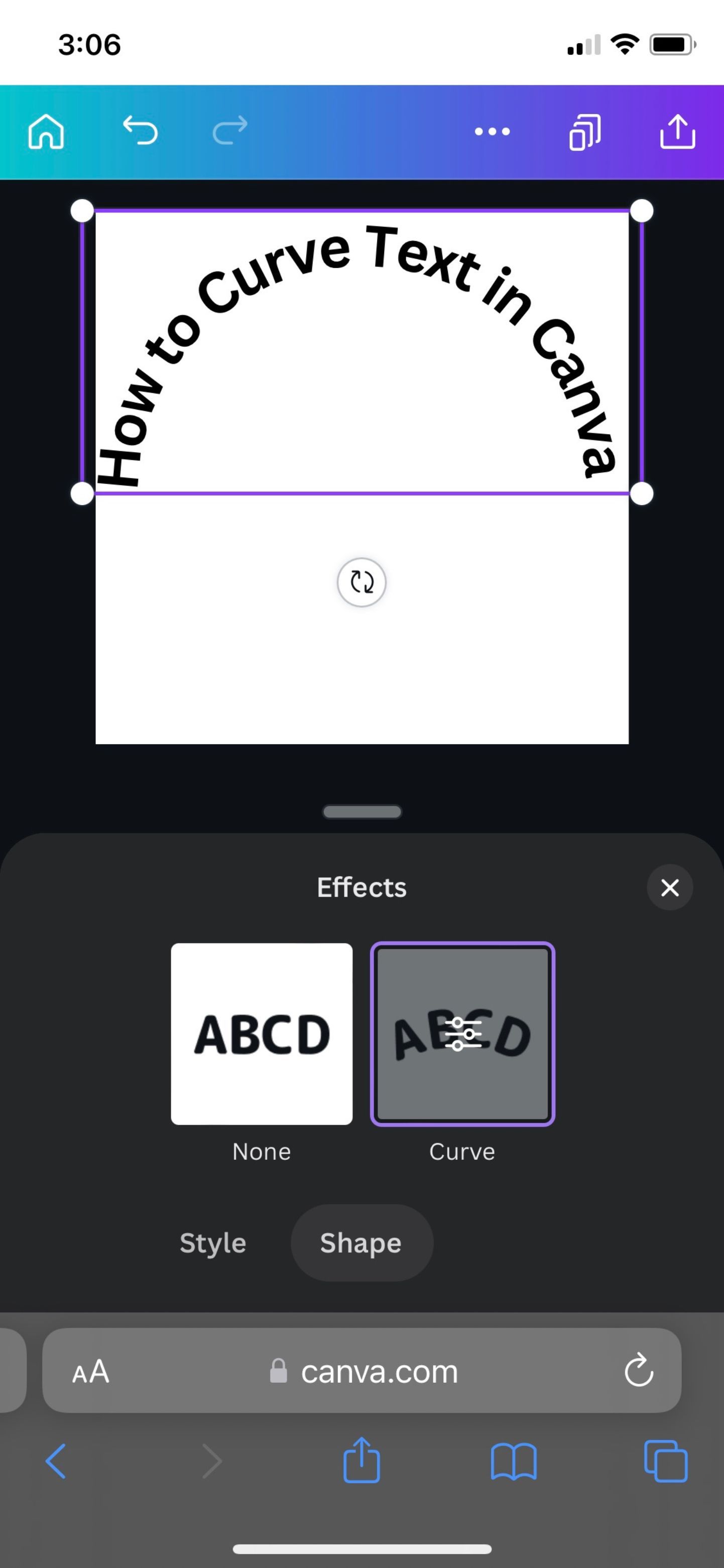 به جلوه ها بروید و Shape to Curve Text را در Canva در موبایل انتخاب کنید