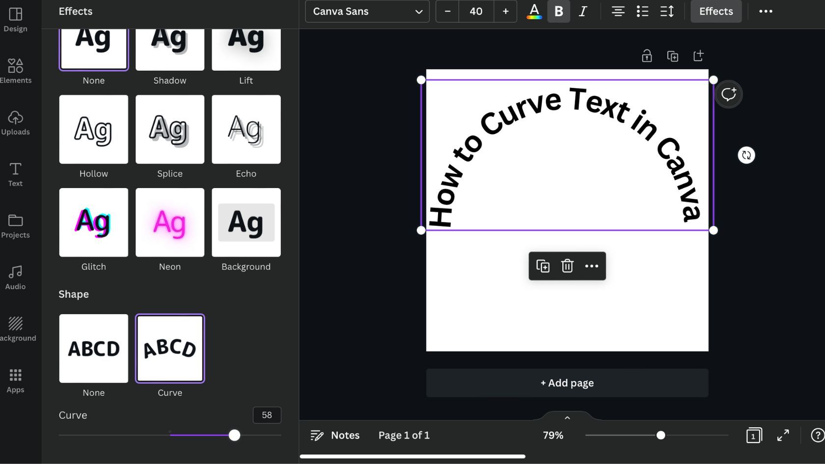 Curve را از منوی جلوه‌ها تا Curve Text در Canva انتخاب کنید