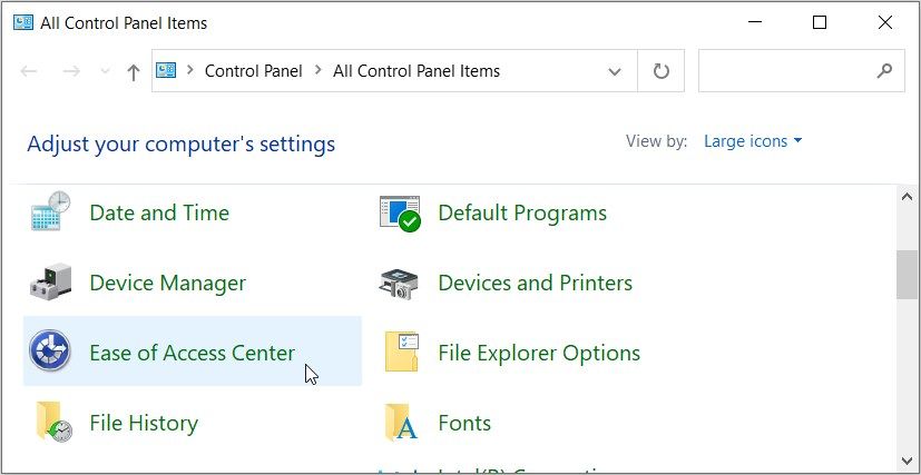 Selecting Ease of Access Center from the Control Panel menu items