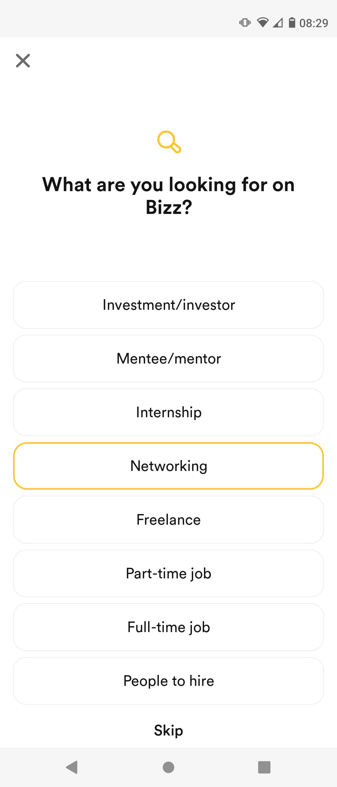 Selecting Interest in Bumble Bizz Mode