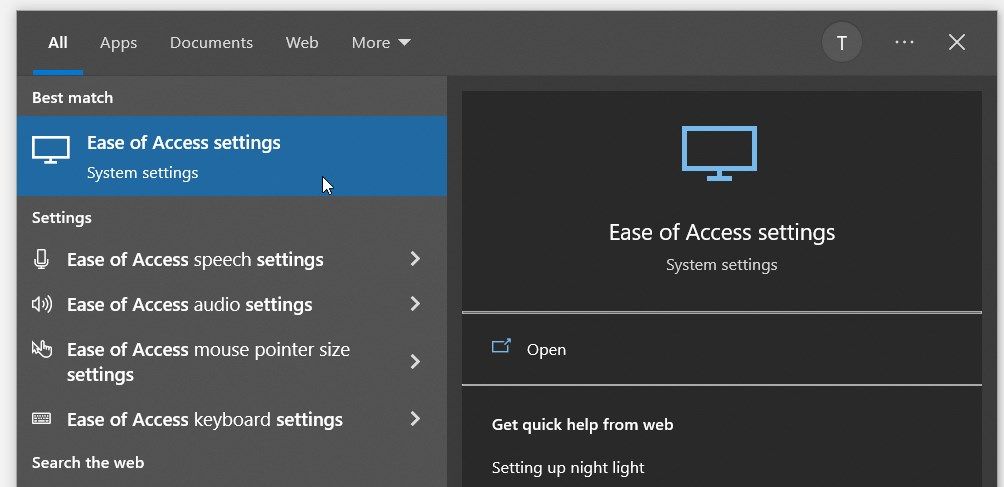 Selecting the Ease of Access Center from the Start menu search bar results