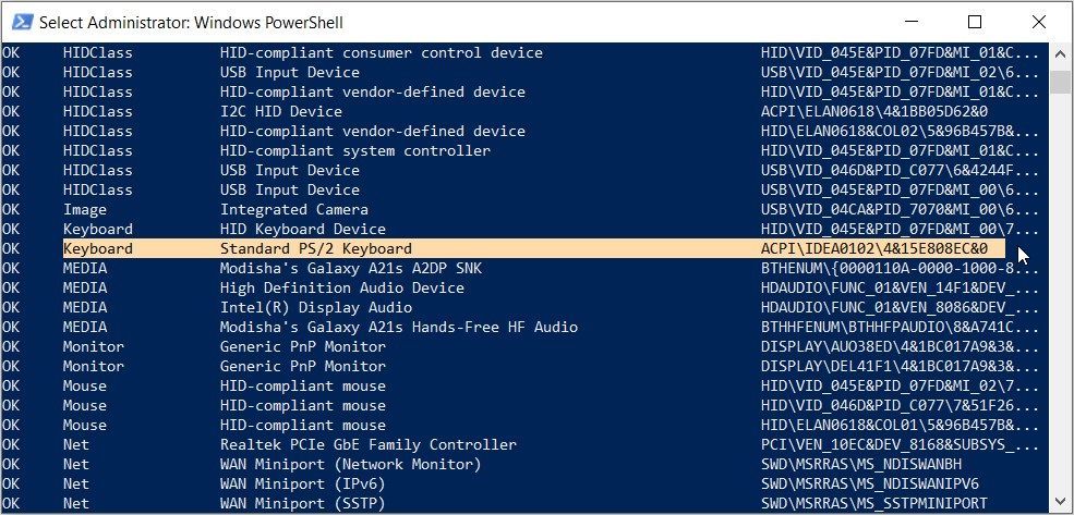 Selecting the Keyboard option from the PowerShell command options