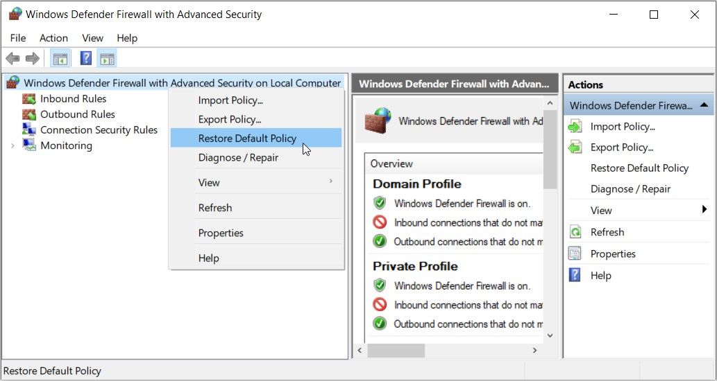 Selecting the Restore Default Policy option on the Firewall with Advanced Security screen