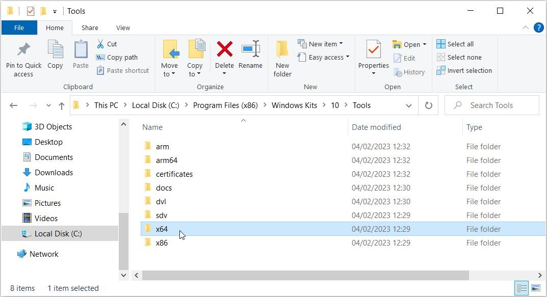 Selecting the x64 folder in the Tools section