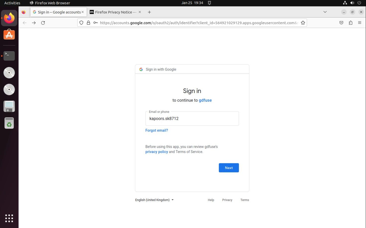 Gmail's sign-in screen requesting email address inputs
