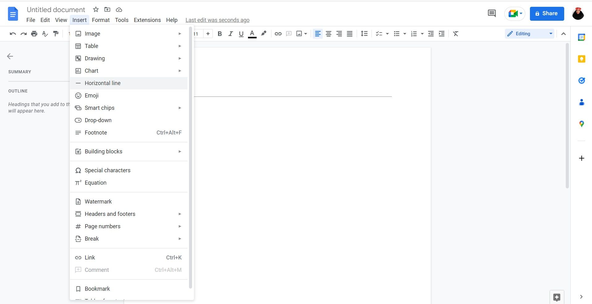 Inserting a horizontal line in Google Docs
