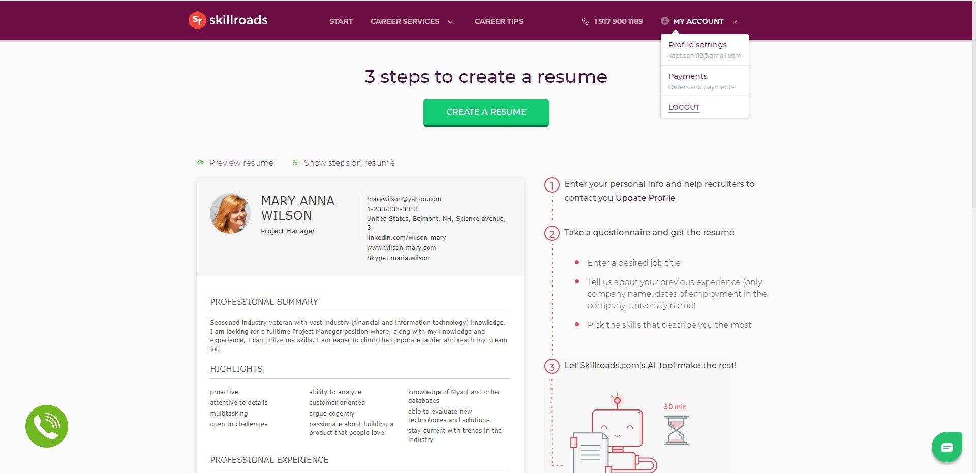 Interface du site Web du créateur de CV Skillroads