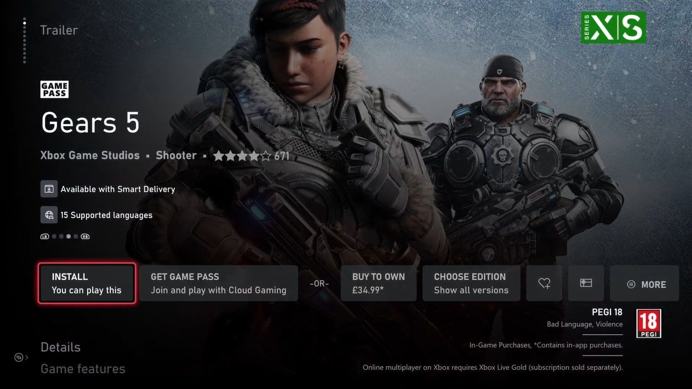 Captura de pantalla de la lista de la Tienda Xbox para Gears 5 en Xbox Series X que destaca la notificación Smart Delivery