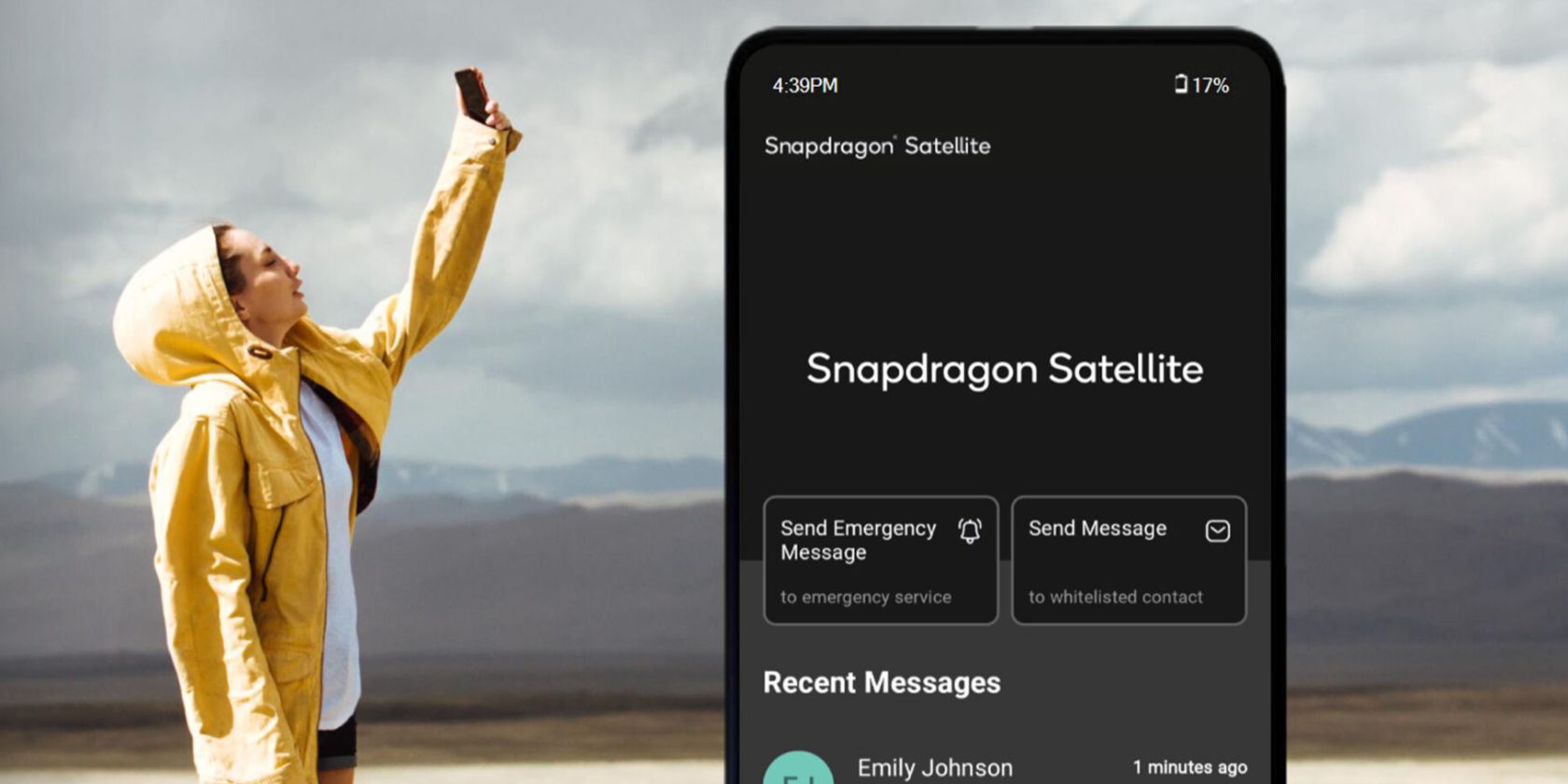 Woman using Android phone pointed at sky, next to graphic of Snapdragon Satellite on phone
