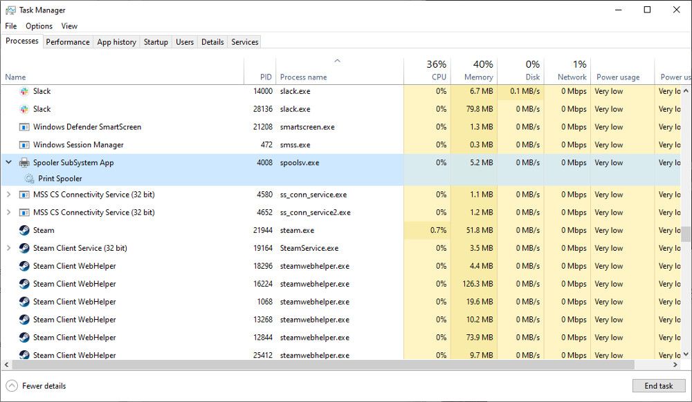 The spooler process in task manager
