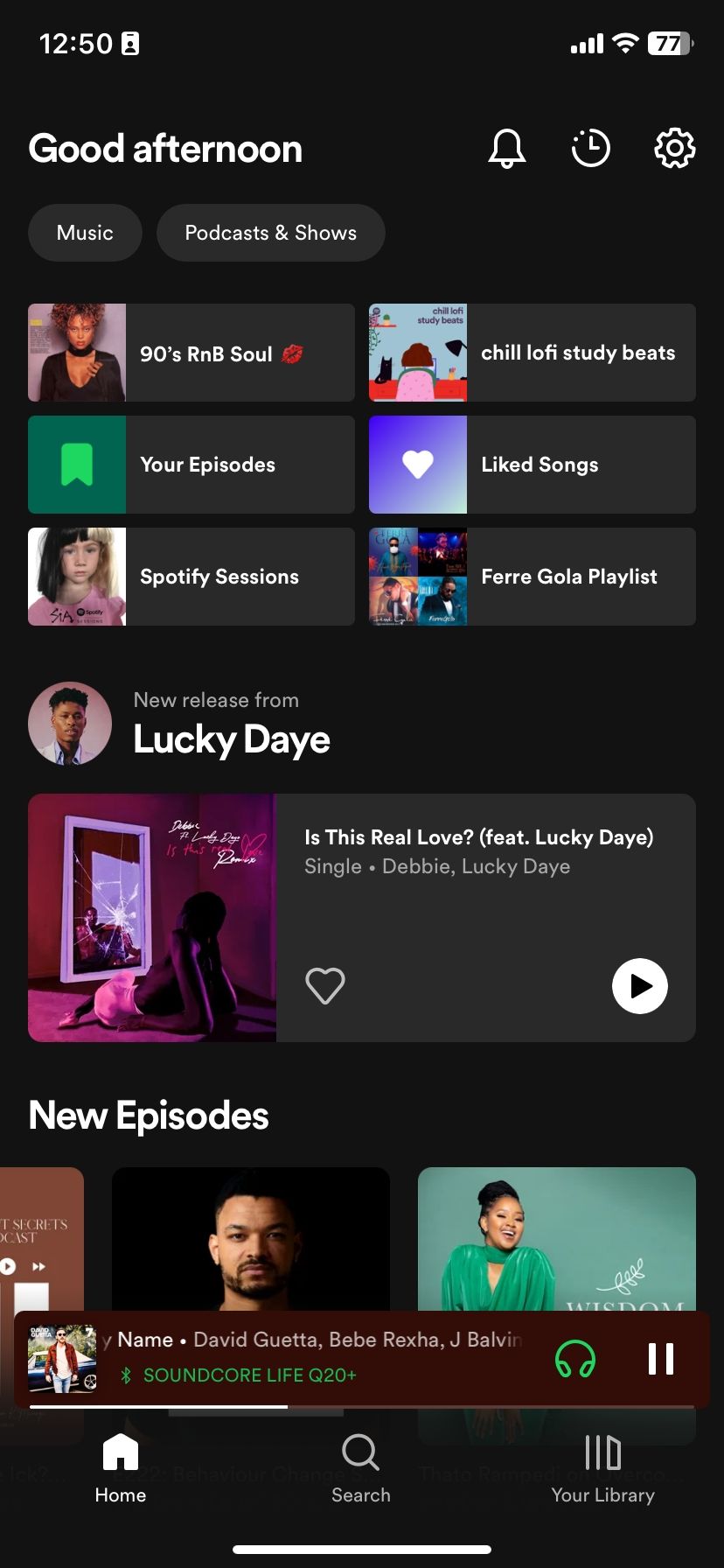Spotify's home tab interface on iOS