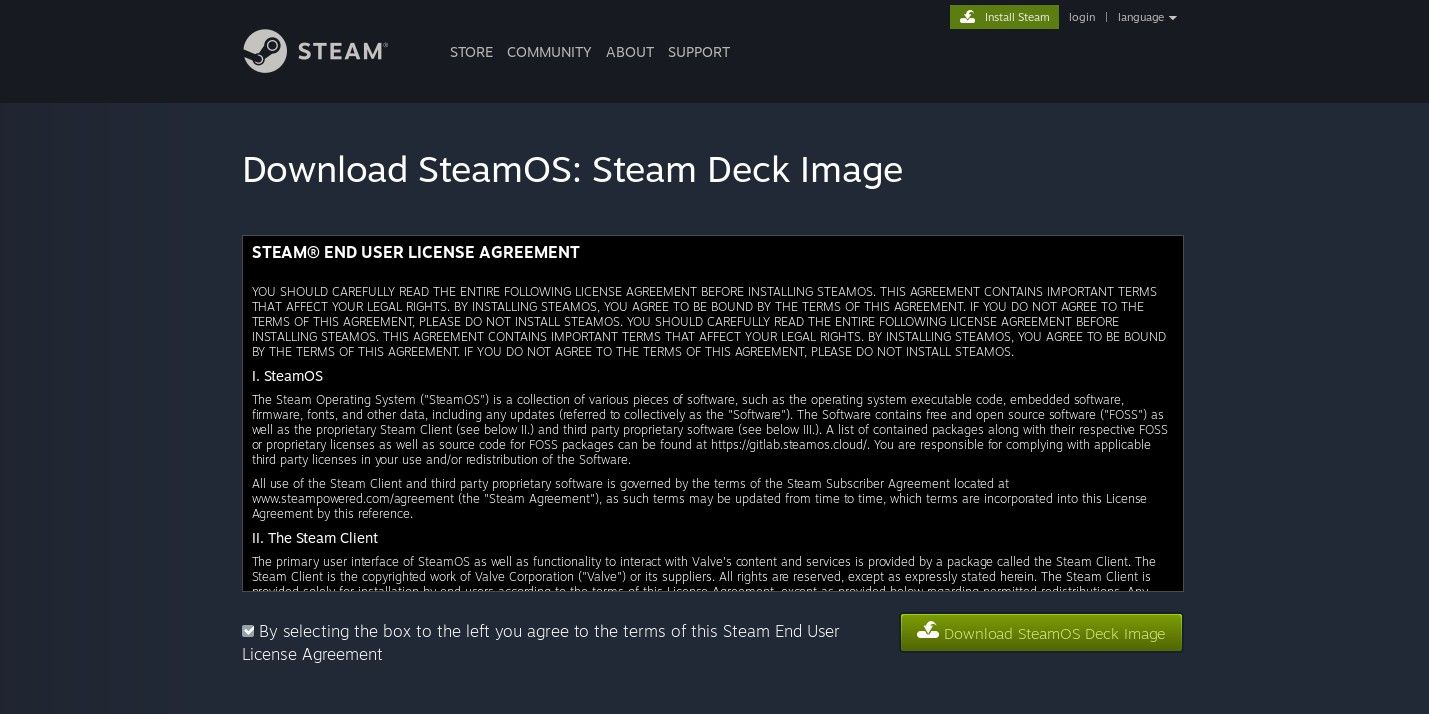 El EULA que se muestra antes de descargar la imagen de recuperación de SteamOS.