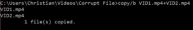 A Screenshot of the Command Prompt Input for Combining Two Video Files