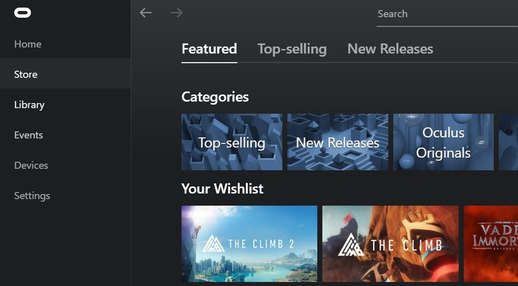 The Store tab in the Oculus Windows software