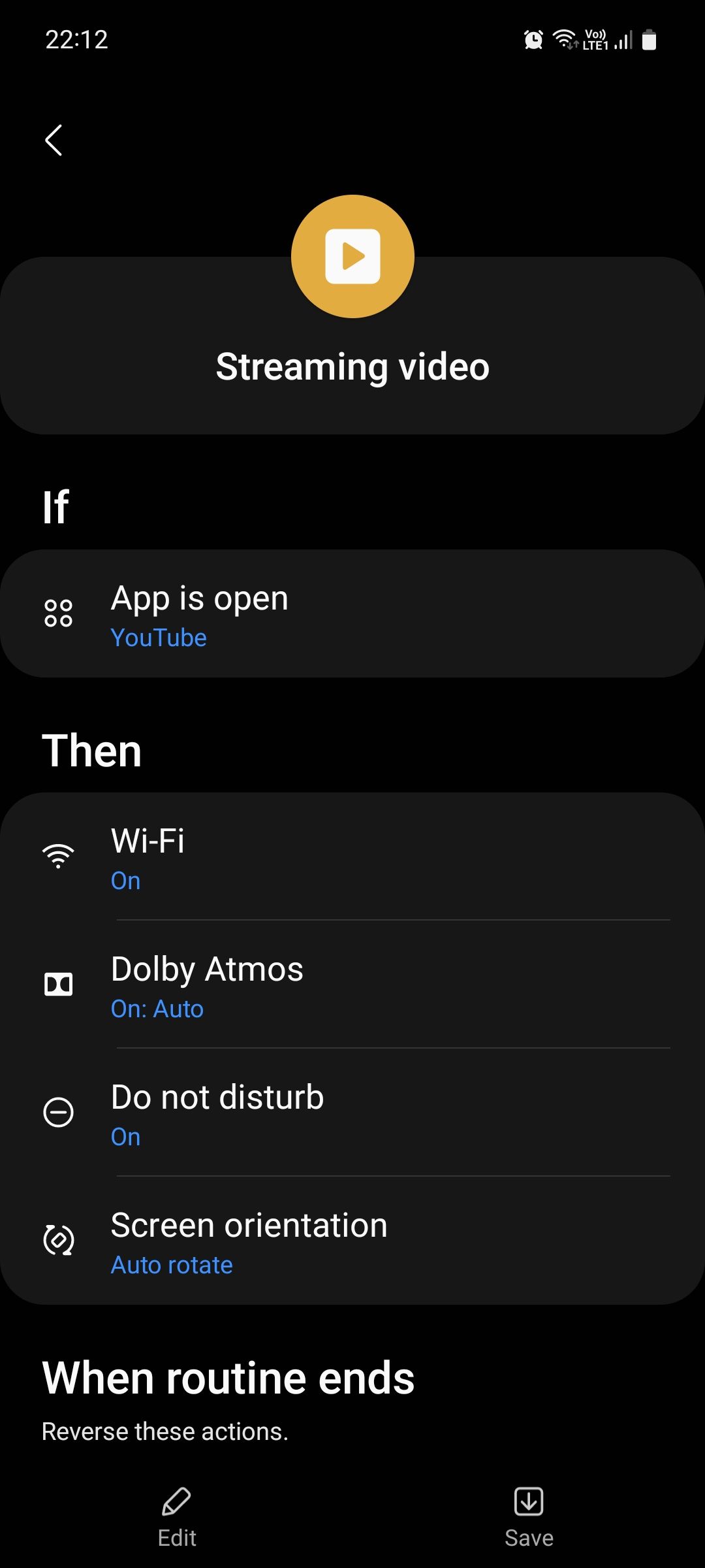 Streaming video routine on Samsung Modes and Routines