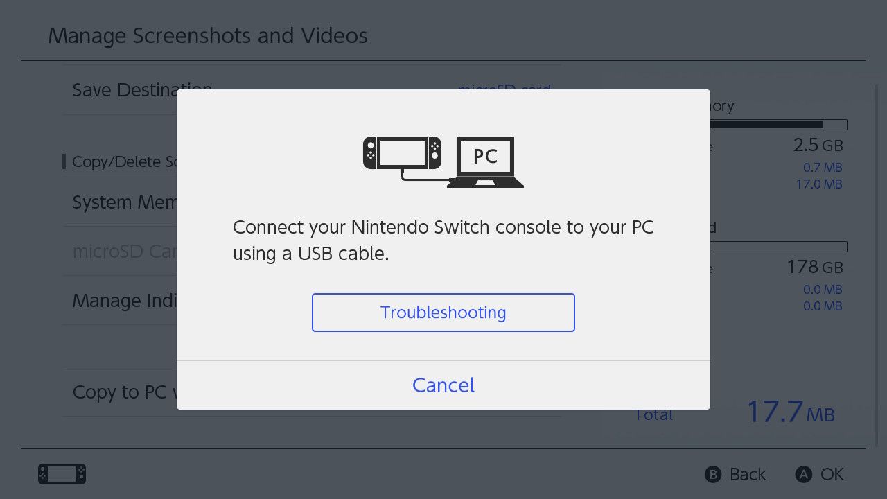Un cuadro de diálogo de Nintendo Switch que le pide que conecte la consola a una PC a través de USB