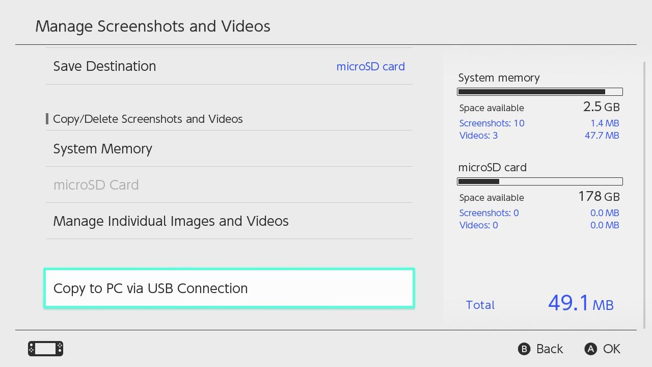 Página de Nintendo Switch que muestra la acción para copiar capturas de pantalla a la PC a través de USB