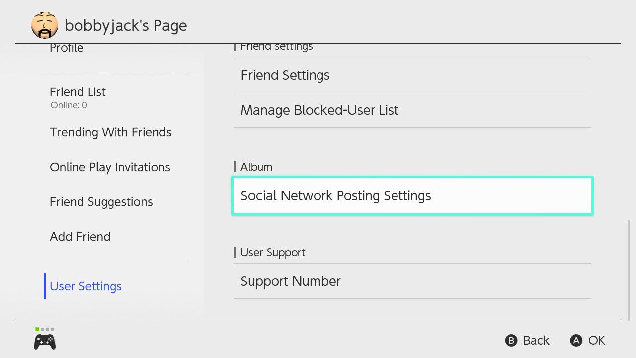 Nintendo Switch settings page showing the Social Network Posting Settings option
