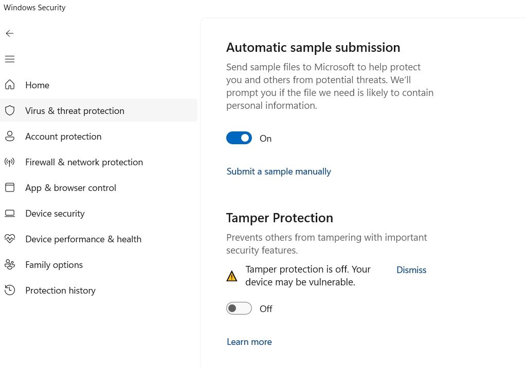 Disabling Tamper Protection in Windows Security