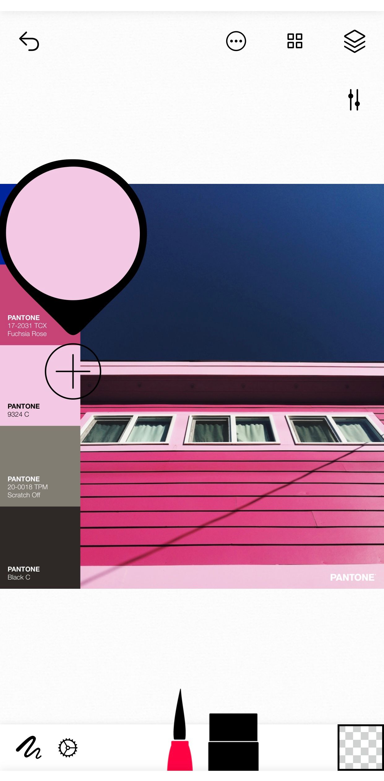 Eyedropper on color palette of pink house contrasted against blue sky