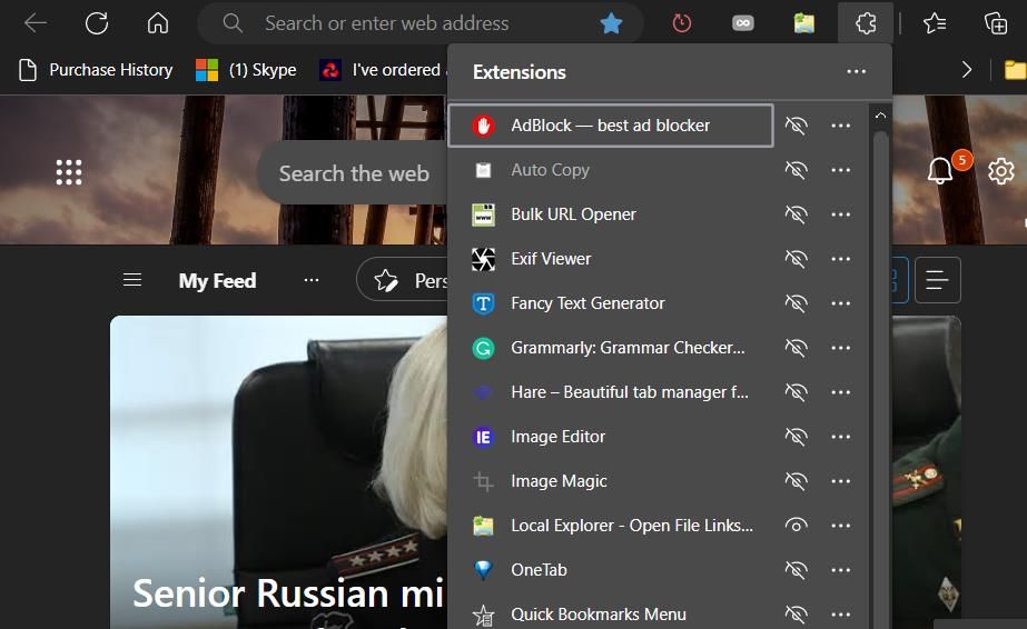 The Extensions menu in Edge
