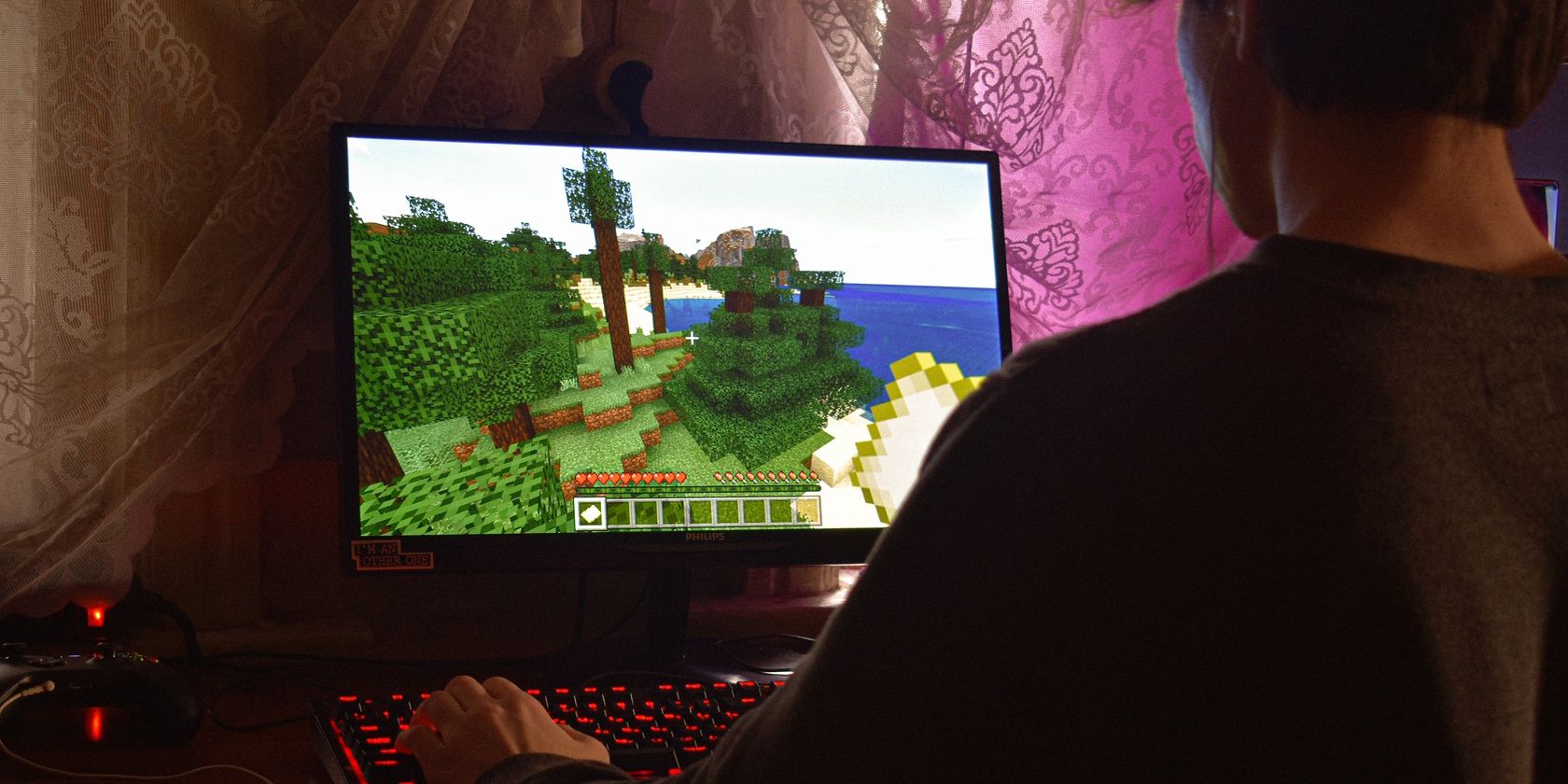Person playing Minecraft on a computer 