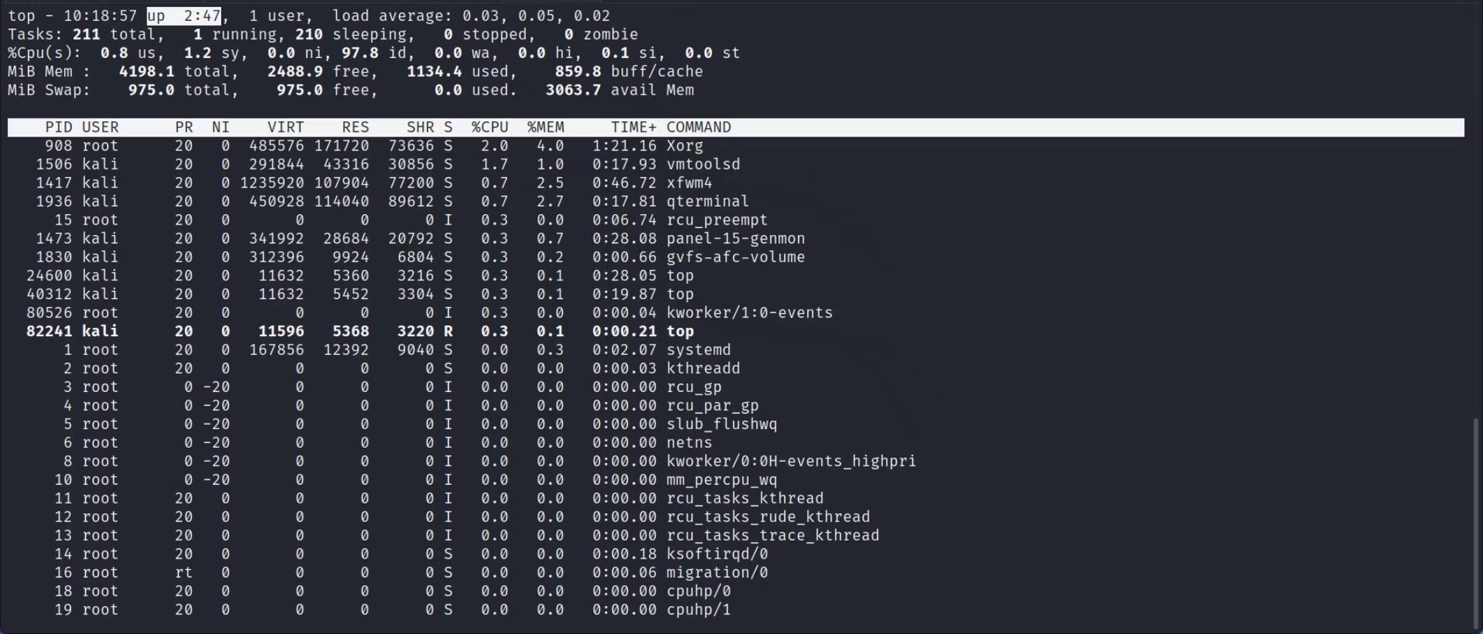 the top command output for system uptime