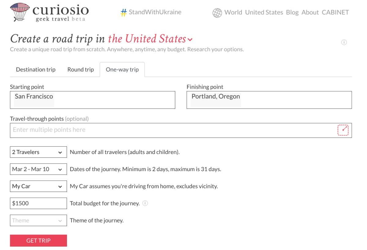 Curiosio est une application de planification de road trip basée sur l'IA qui vous donne divers paramètres pour affiner votre voyage avant de configurer un itinéraire en fonction de vos intérêts