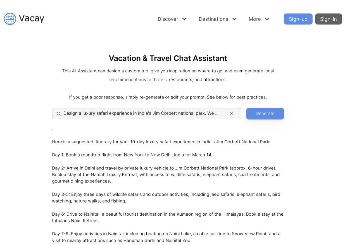 Le chatbot de Vacay est un excellent outil pour apprendre à émettre des commandes ChatGPT pour des requêtes de voyage telles que où aller ou des recommandations pour les meilleurs restaurants ou lieux