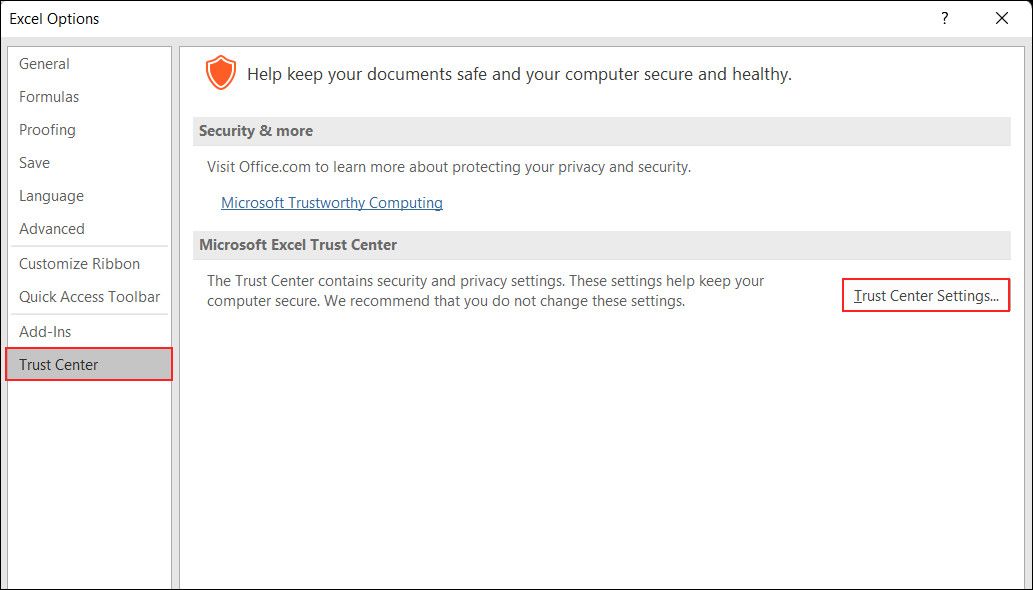 Click on the Trust Center Settings button in Excel