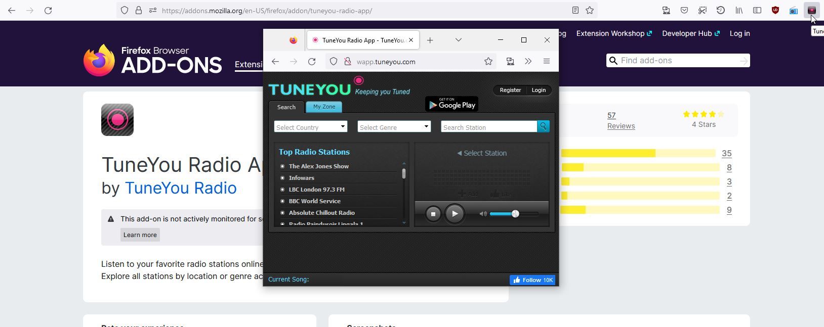 A Screenshot of the TuneYou Radio App Firefox Add on 