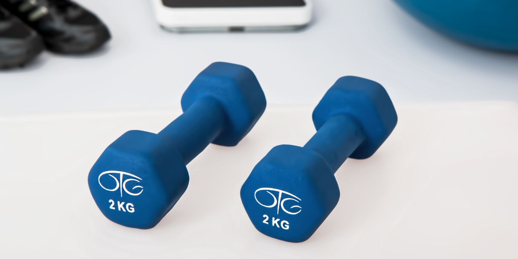 Two blue dumbbells on a white background