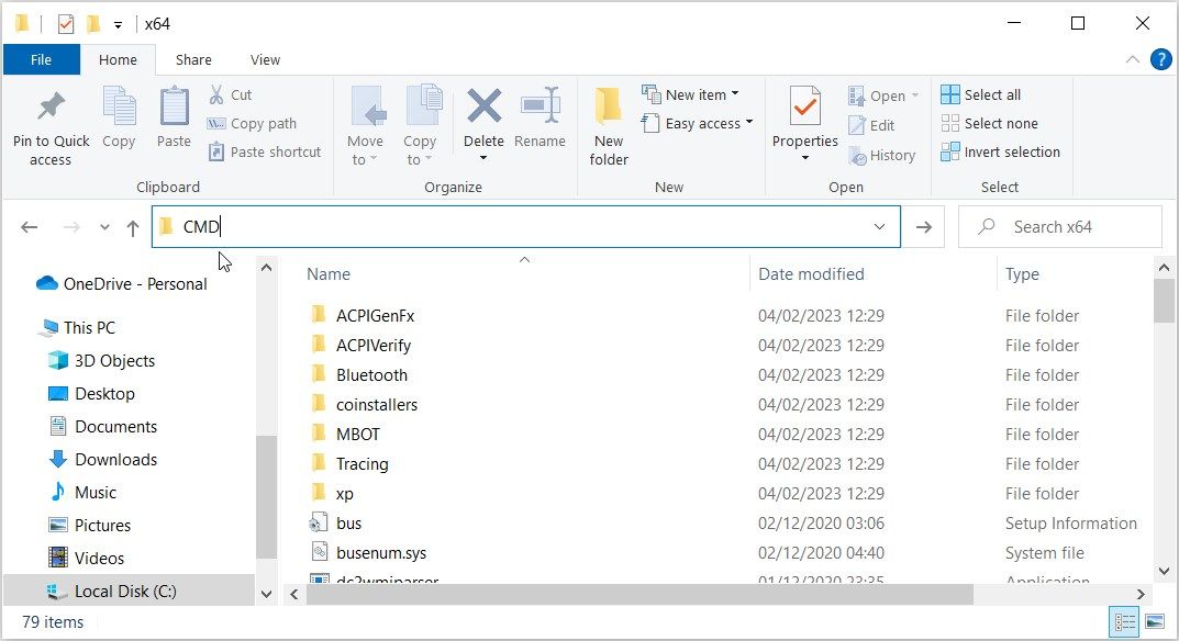Typing the CMD command in the File Explorer address bar