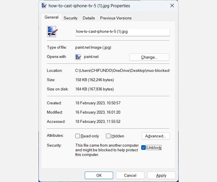 unblocking a file in Properties on Windows 11