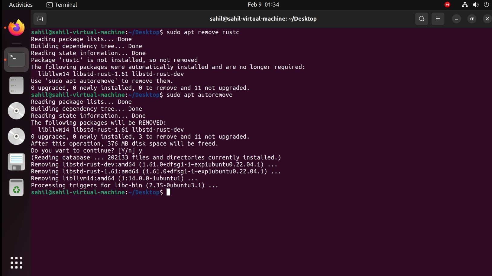 Apt command to remove rust package in Ubuntu
