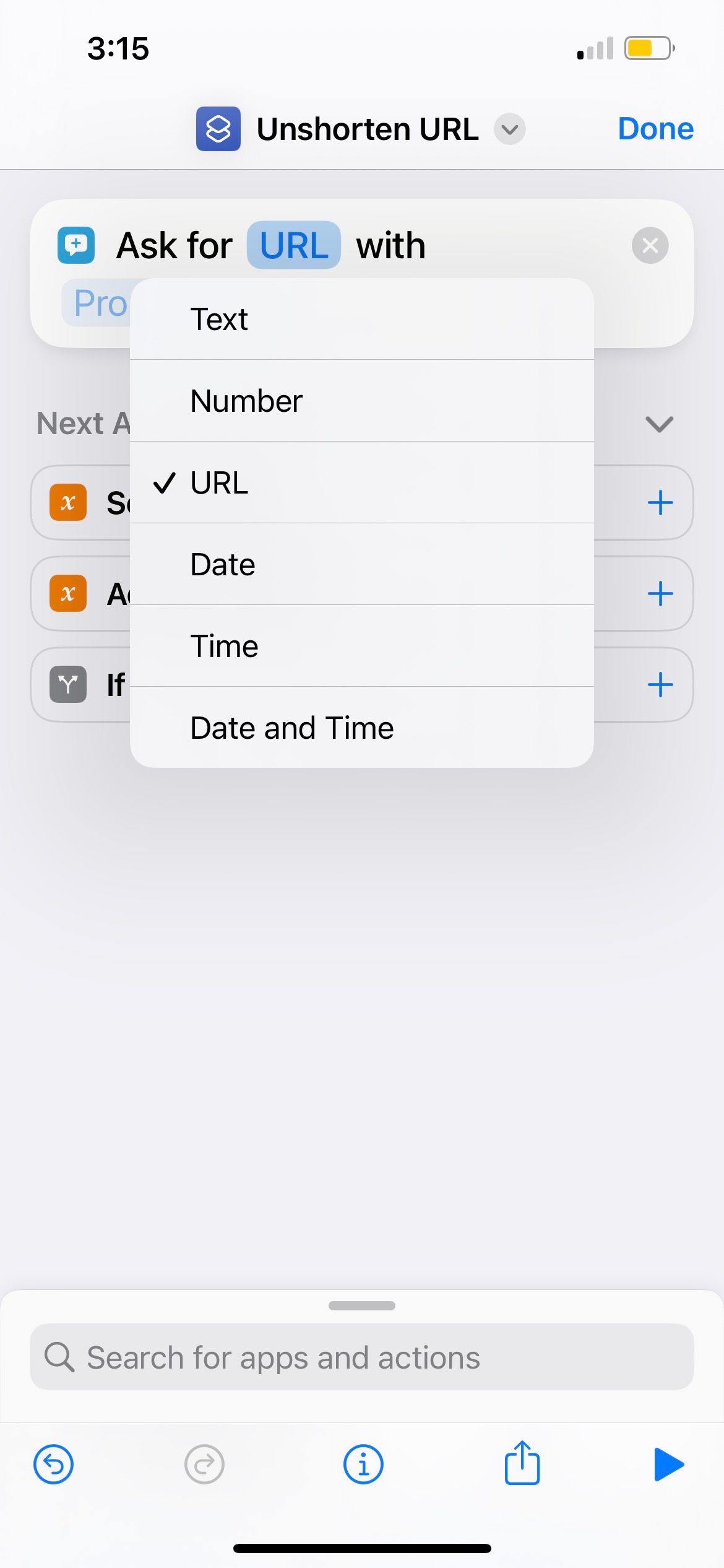 change shortcut action input type on iphone 